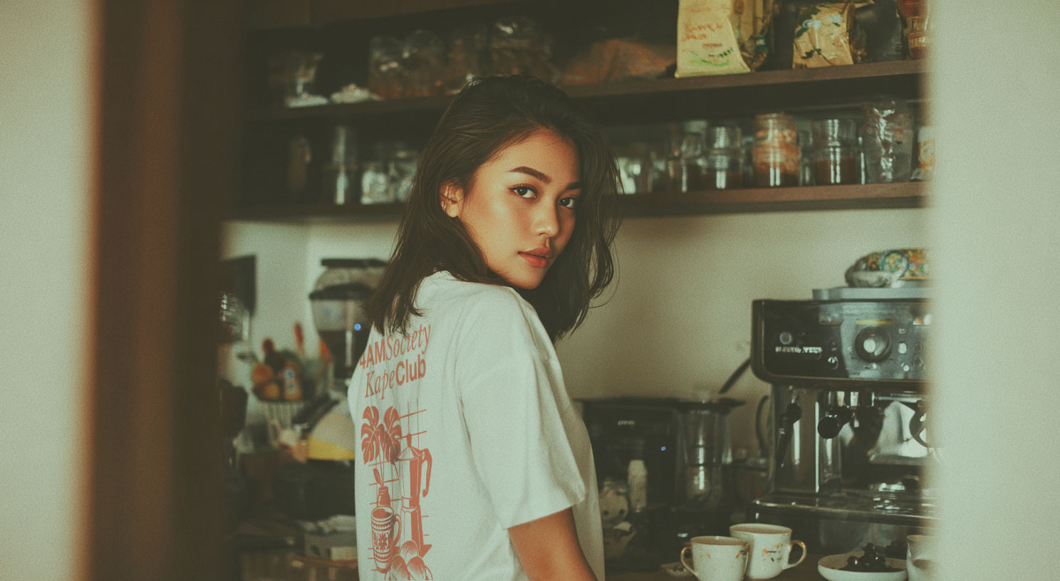 A filipina girl with the back turned to the viewer wearing a 4AM Society Shirt and preparing coffee