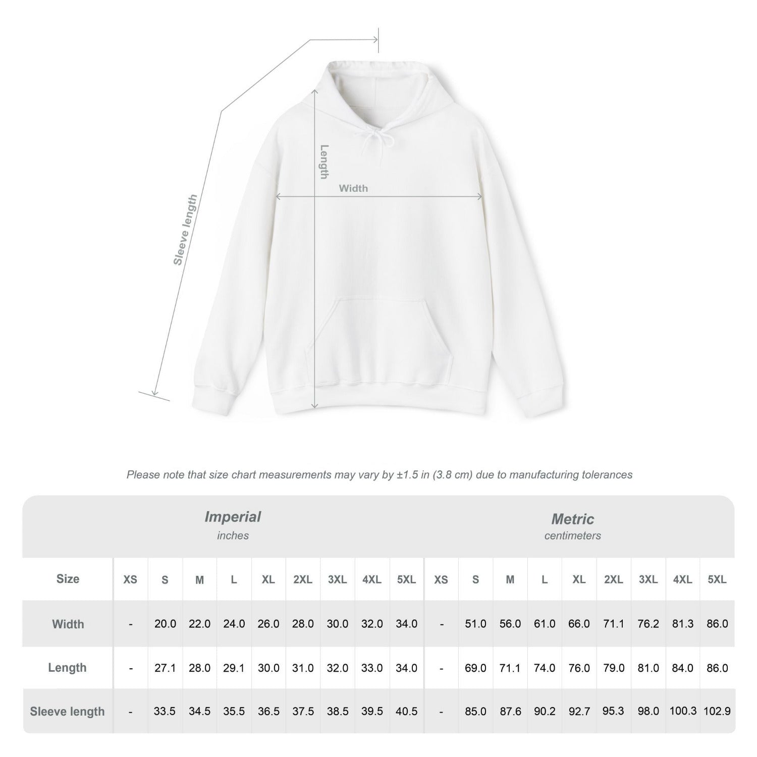 Size Chart of the Hoodies