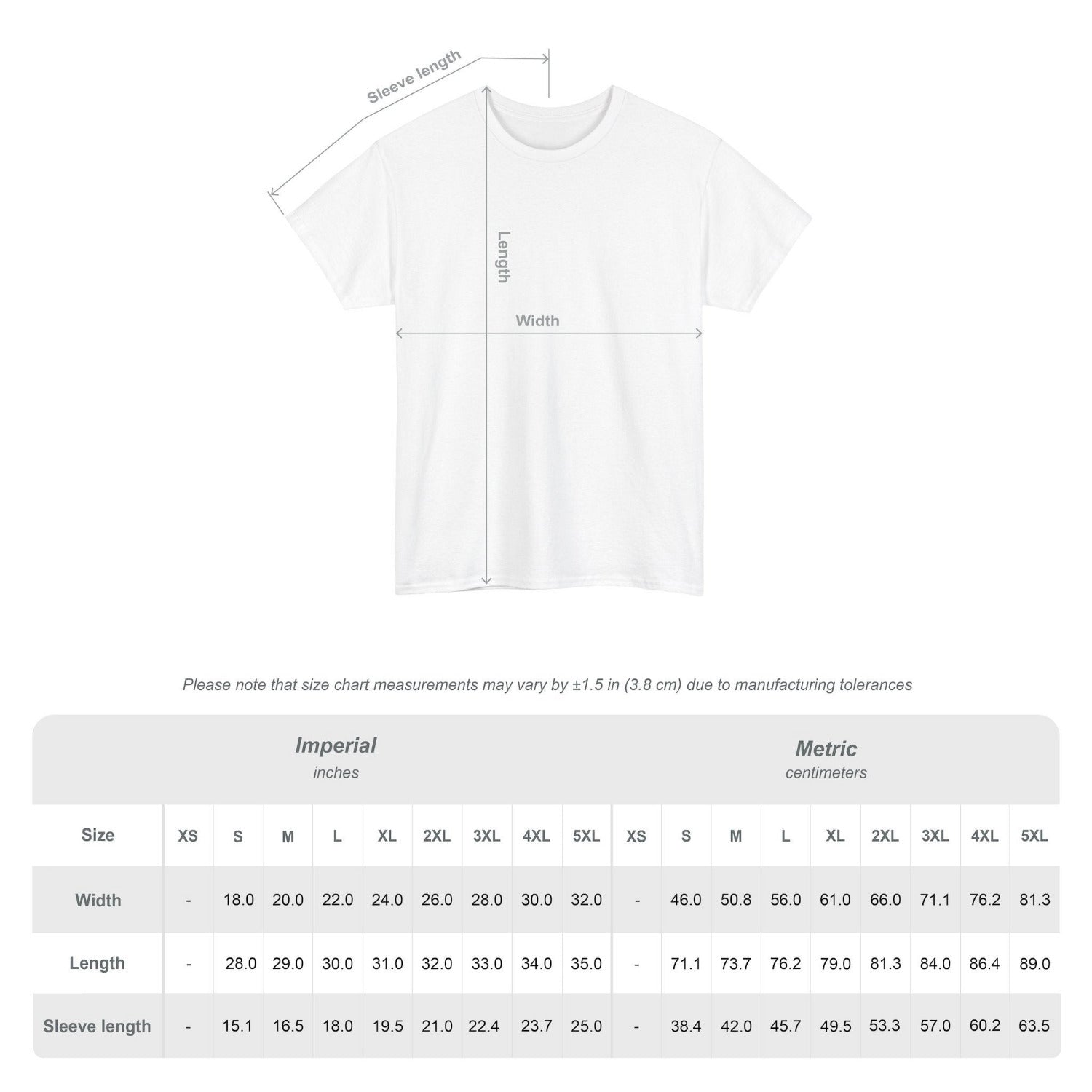 Size Chart for the T Shirts