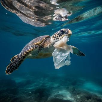 Turtle in the ocean swimming with trash