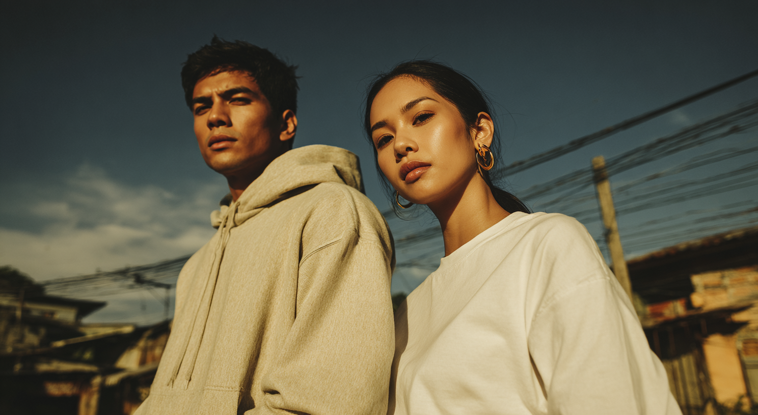 Two filipino models looking down at the camera located in the village 