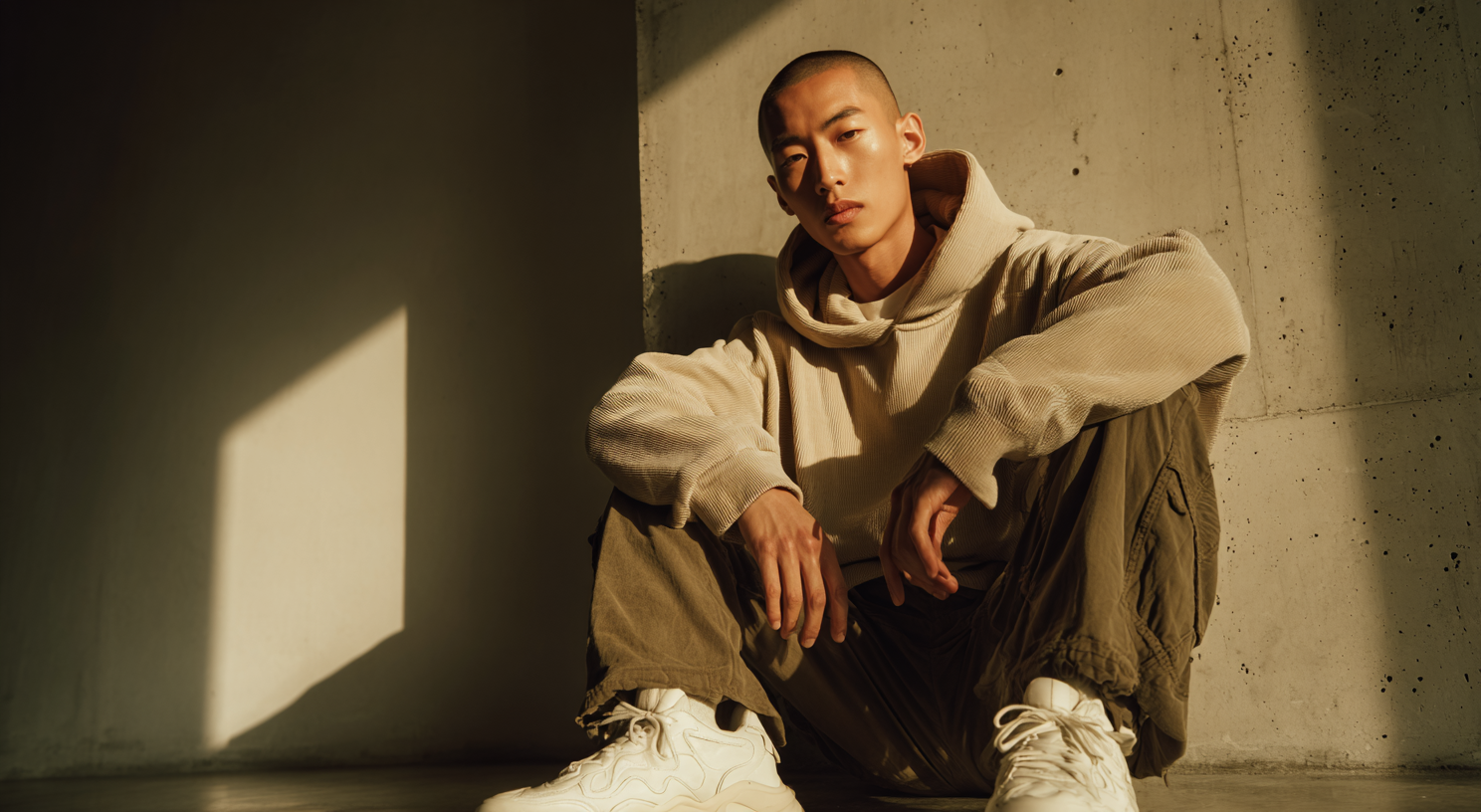 Filipino model sitting on the floor leaning on the wall 